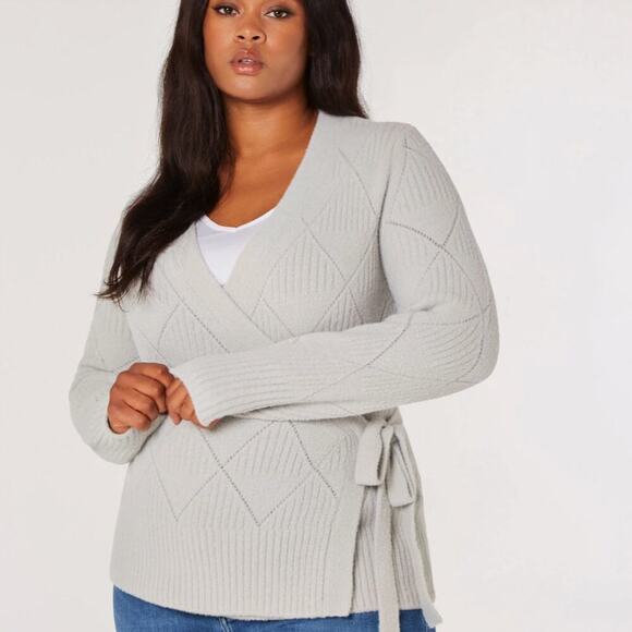 Apricot 1X Curve Wrap Sweater | Light Grey, Tie-Waist, Soft Knit, NWT - Picture 16 of 16